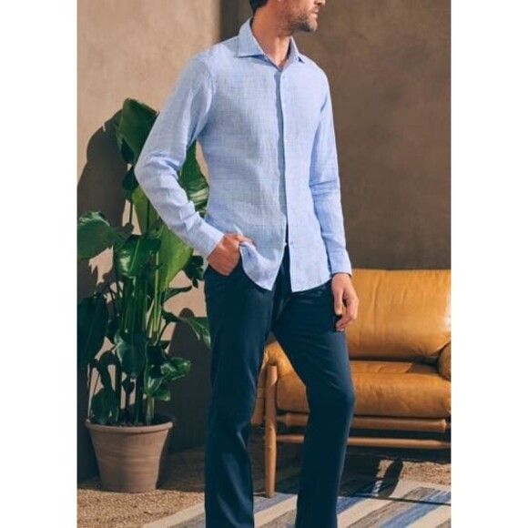 FAHERTY Shirt Reserve Linen Button Up Top Azure Glen Blue Plaid Preppy Size 2XL - Picture 1 of 10